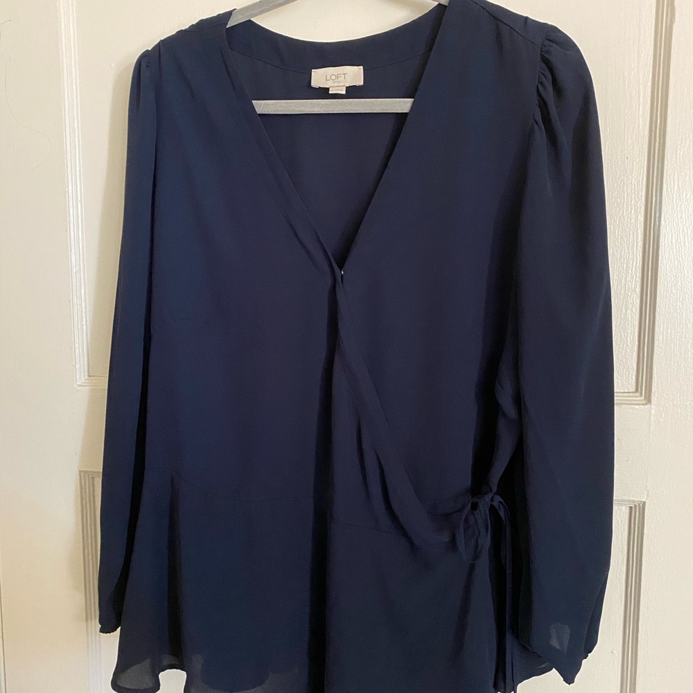 LOFT Navy Long Sleeve Wrap Top in XL